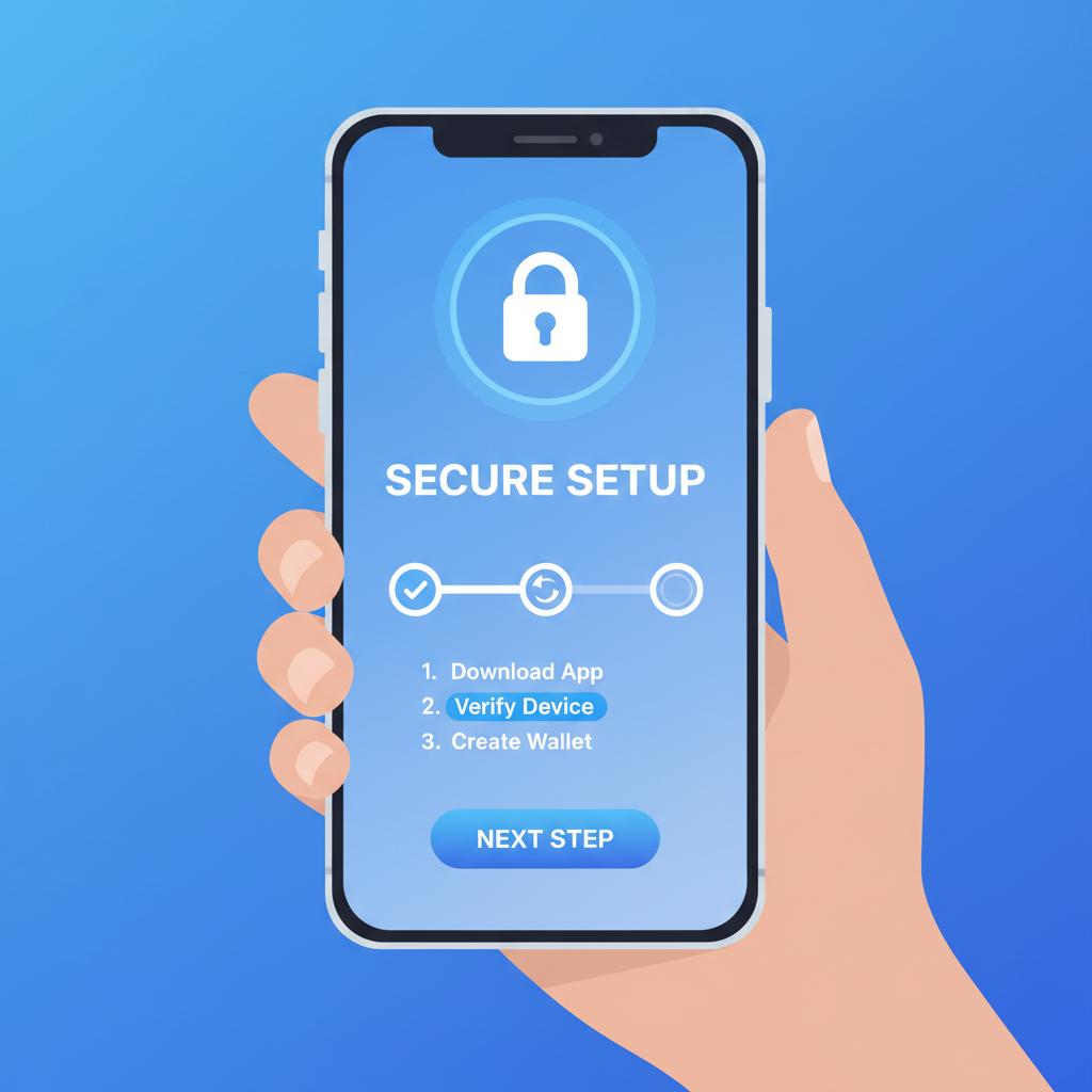 modern smartphone installing OneKey crypto wallet app, secure setup screen, blue tones