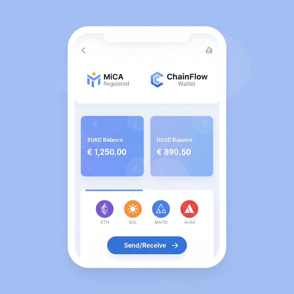 sleek mobile crypto wallet interface displaying EURC USDC balances MiCA logo blockchain networks subtle euro symbols professional blue tones