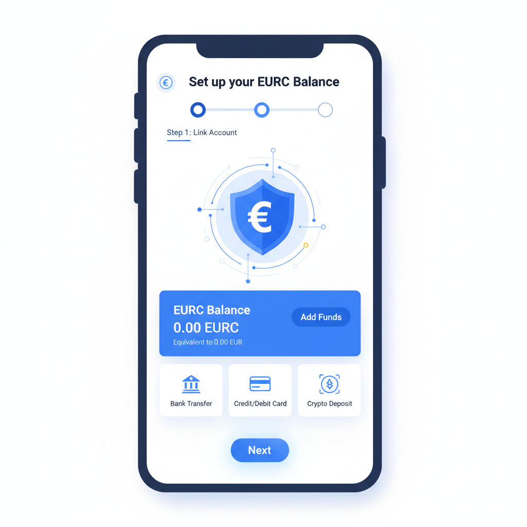 sleek mobile wallet app interface showing EURC balance setup, modern fintech design, blue euro tones