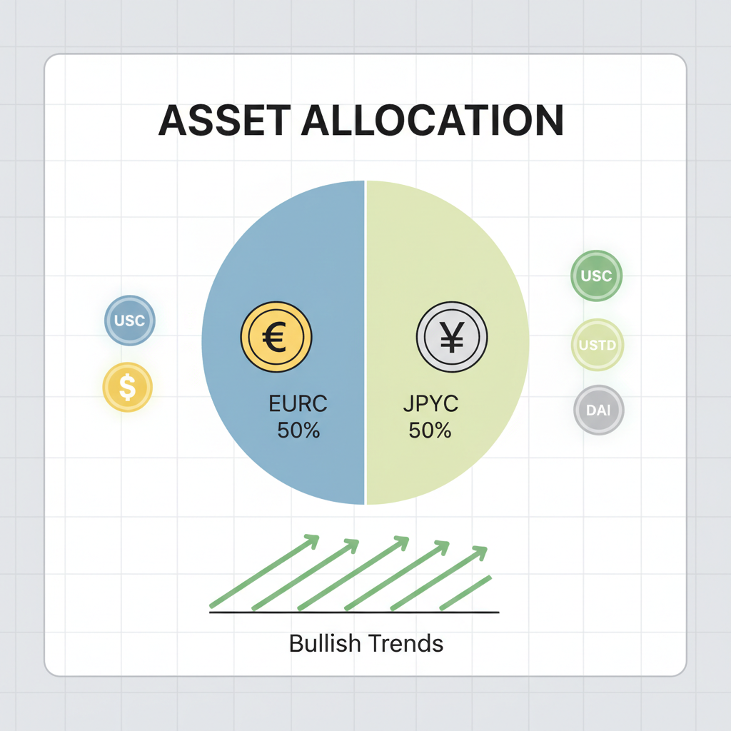 pie chart showing EURC 50% JPYC 50% allocation on trading dashboard, stablecoin icons, green bullish trends