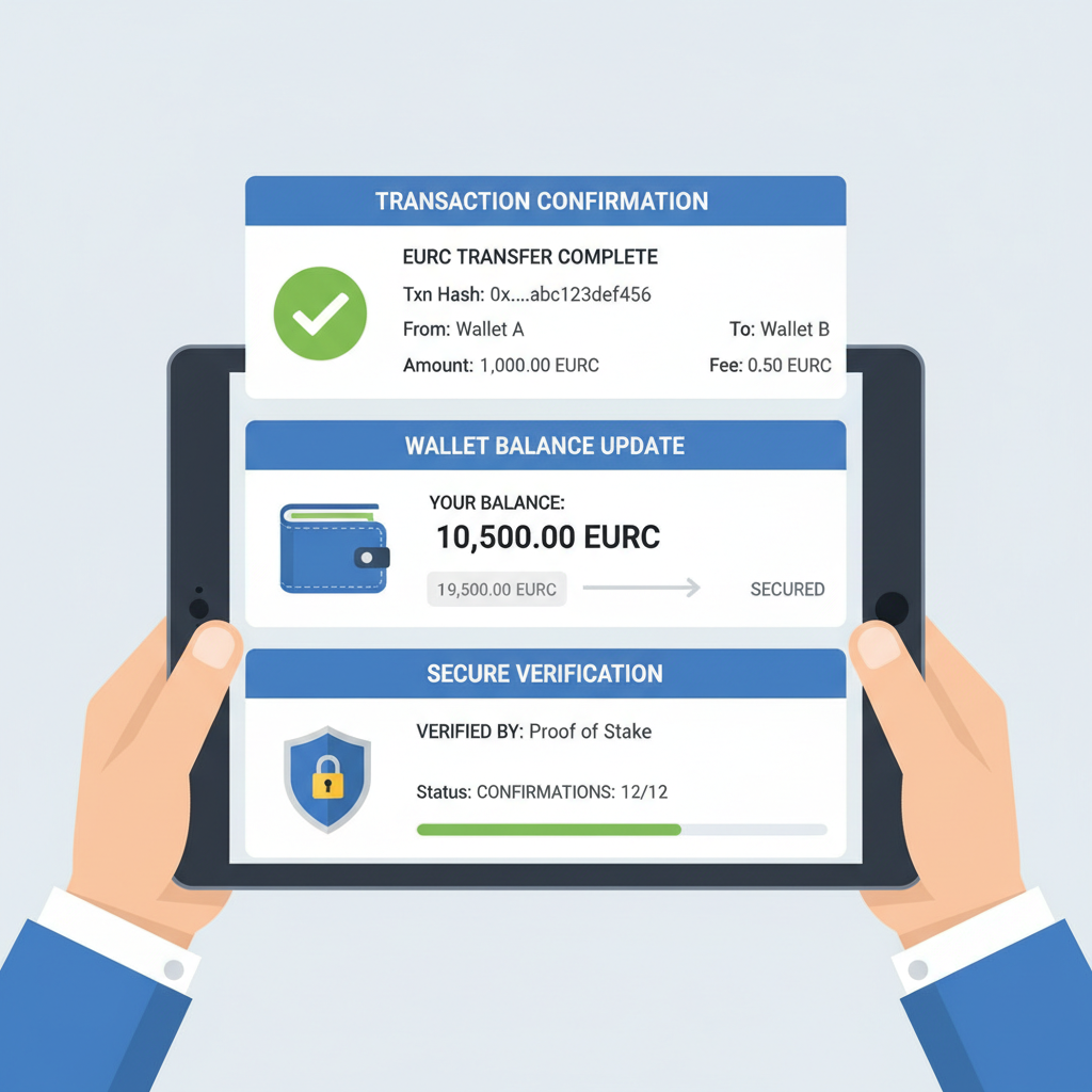 blockchain explorer showing EURC transaction confirmation, wallet balance update, secure verification interface