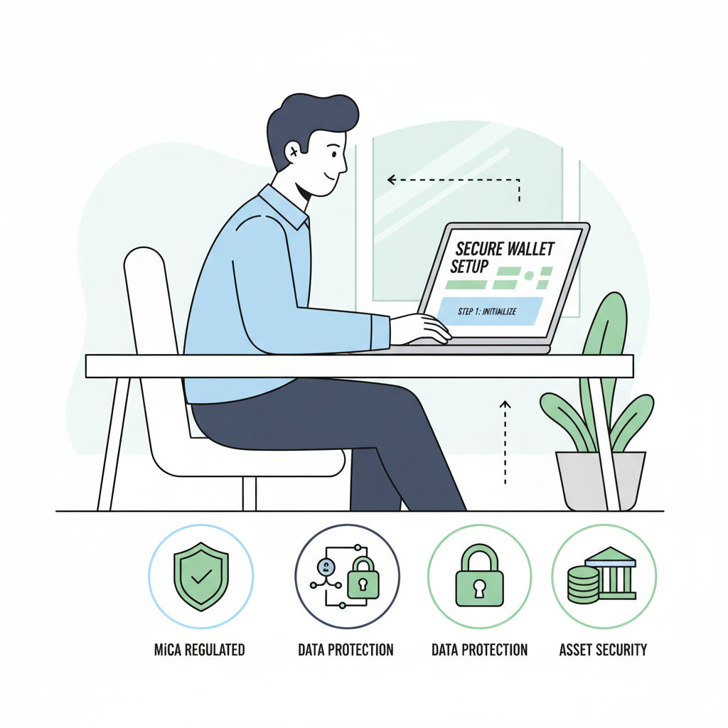 Professional in office setting up secure crypto wallet on laptop, MiCA compliance icons, clean analytical style