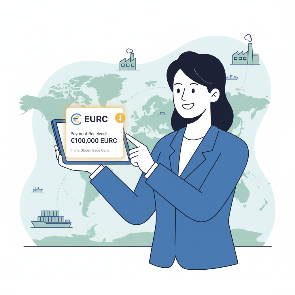 Exporter receiving digital payment notification on phone, EURC logo, global trade background, professional illustration