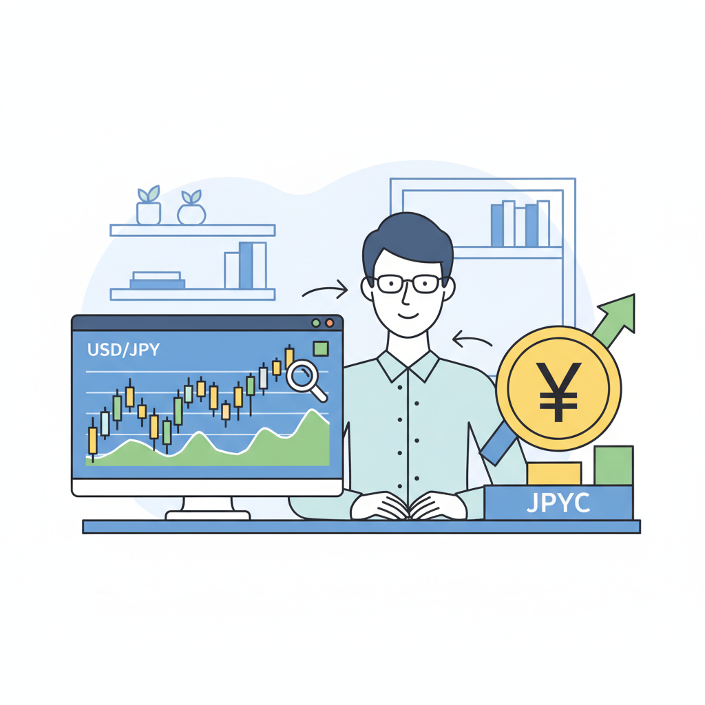 professional analyzing USD/JPY charts and stable JPYC coin