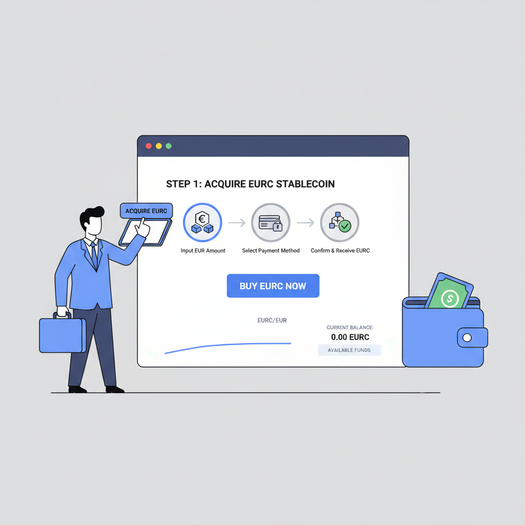 exporter acquiring EURC stablecoin on crypto on-ramp interface, professional dashboard