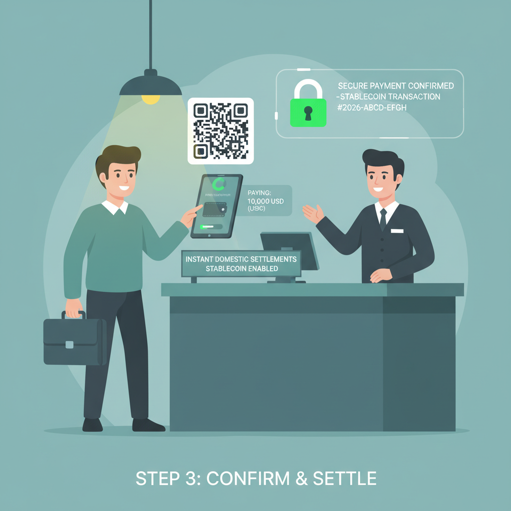 exporter settling domestic payment via stablecoin QR code at bank counter, secure transaction confirmation, 2026 tech