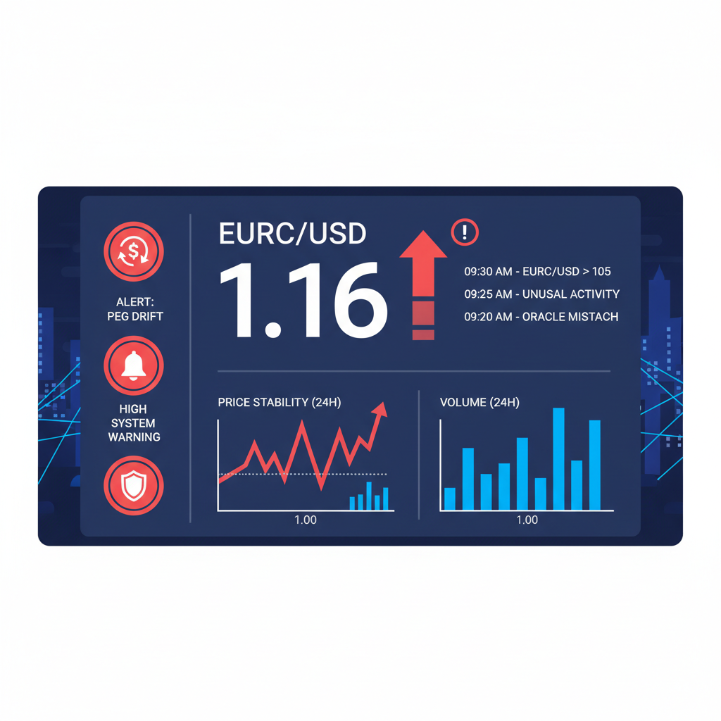 dashboard monitoring EURC stablecoin peg at $1.16, stability charts and alerts, futuristic interface