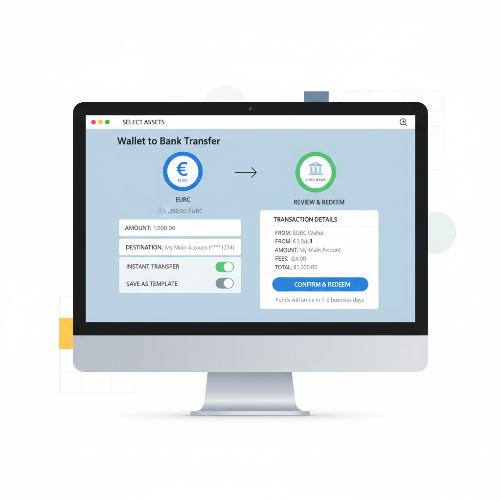 redeeming EURC stablecoin to euro fiat, wallet to bank transfer interface