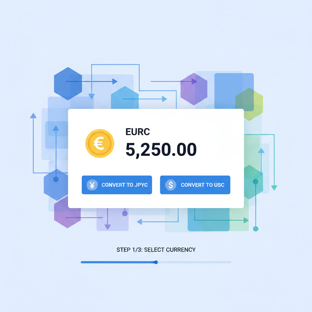 digital wallet dashboard displaying EURC balance with options to convert to JPYC or USDC, futuristic blockchain nodes