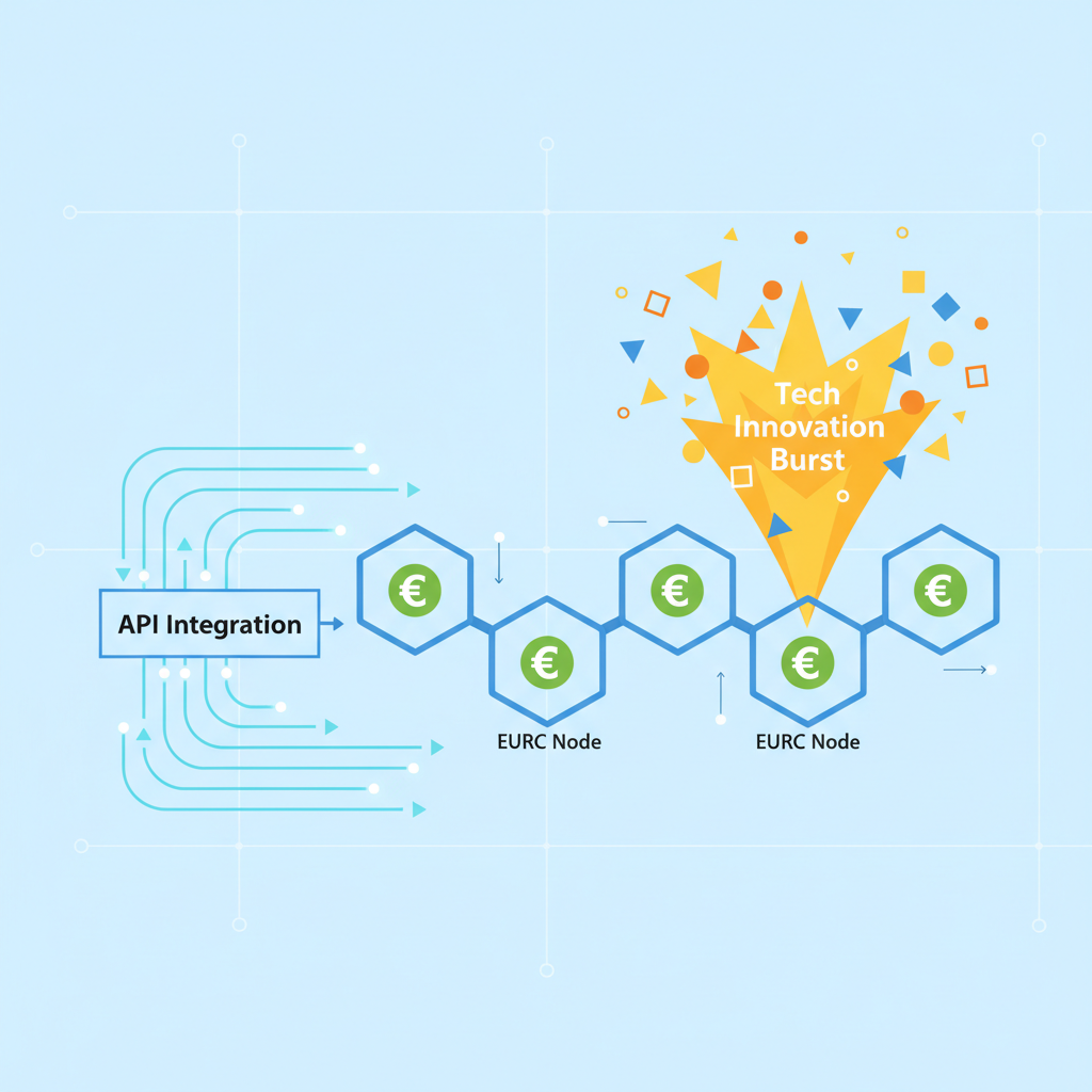 API integration code flowing into blockchain with EURC nodes, tech innovation burst