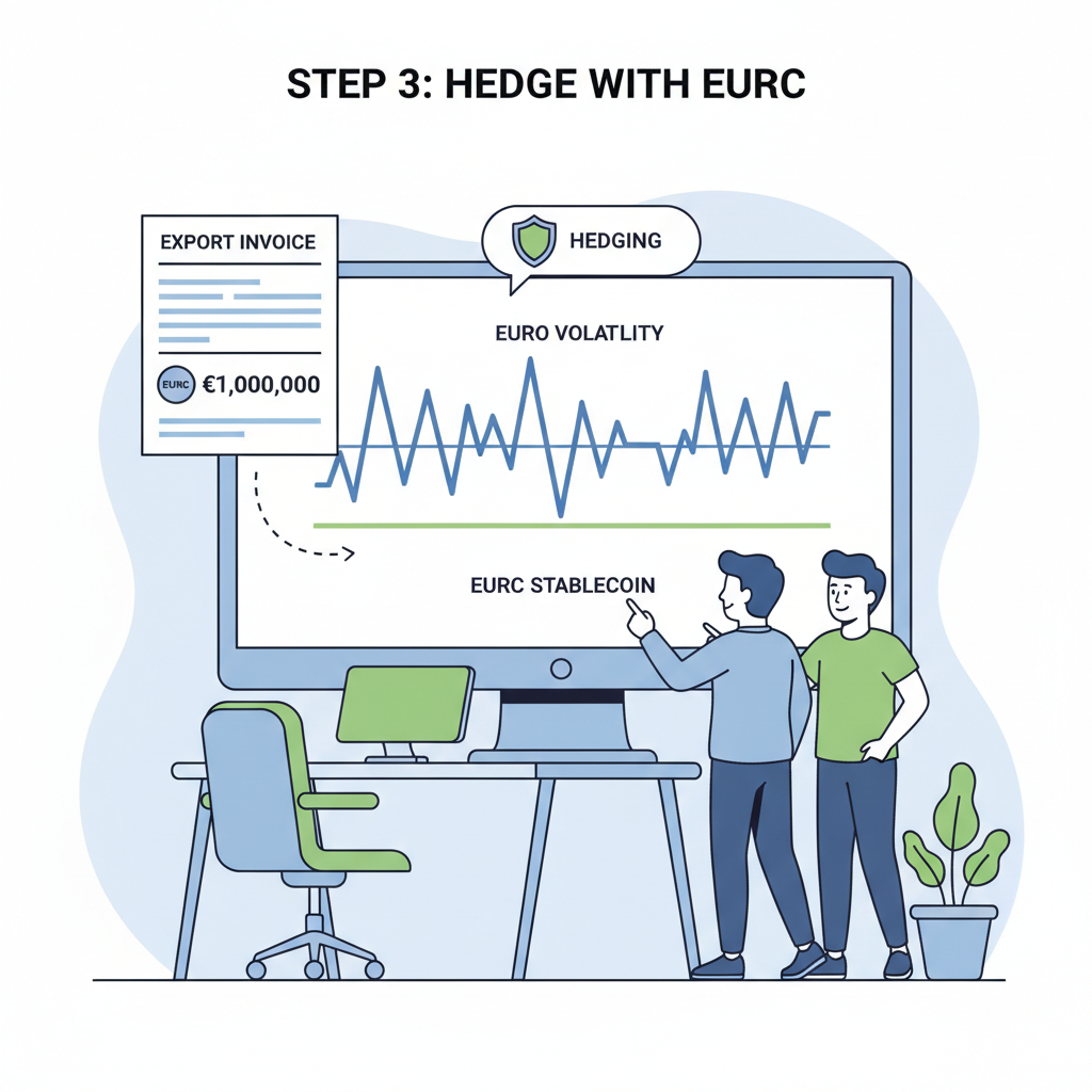 exporter hedging invoice with EURC stablecoin graph, euro volatility chart vs stable line, office setting