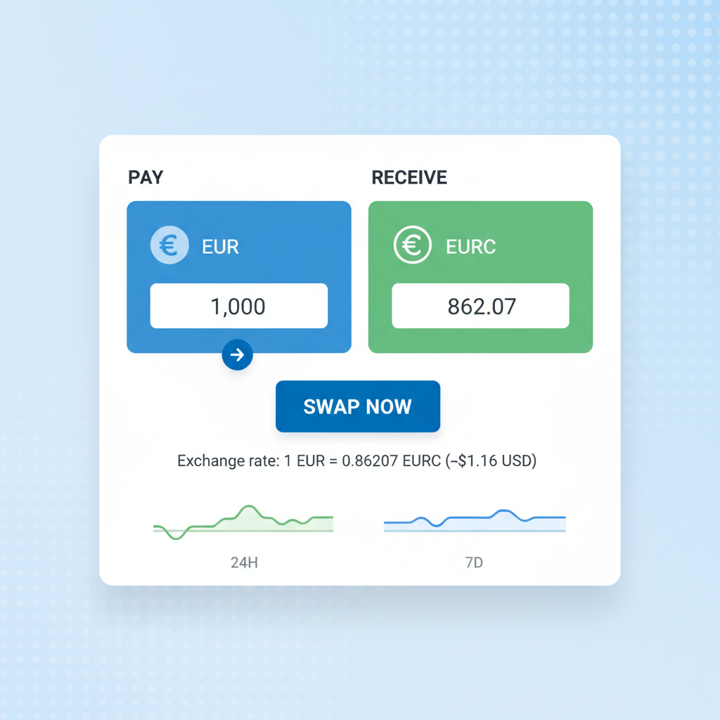 crypto swap screen converting EUR to EURC stablecoin at $1.16, charts showing stability, sleek design