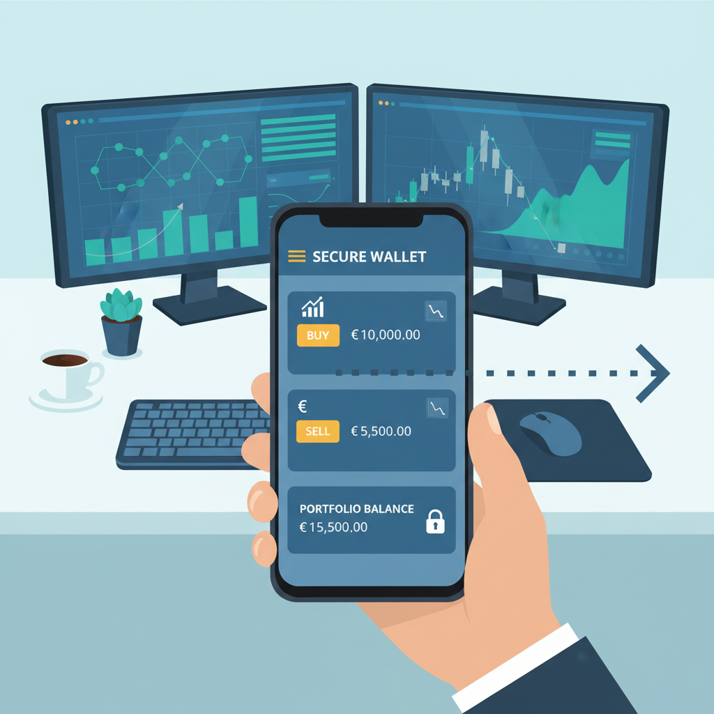 secure crypto wallet interface on phone, euro symbols, professional trader setup
