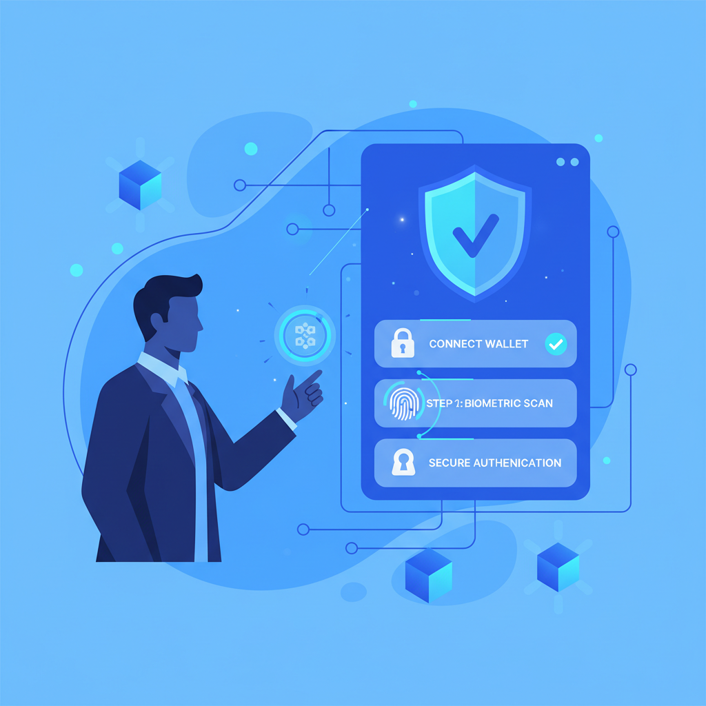 elegant wallet verification interface on futuristic blockchain dashboard, professional trader, blue tones