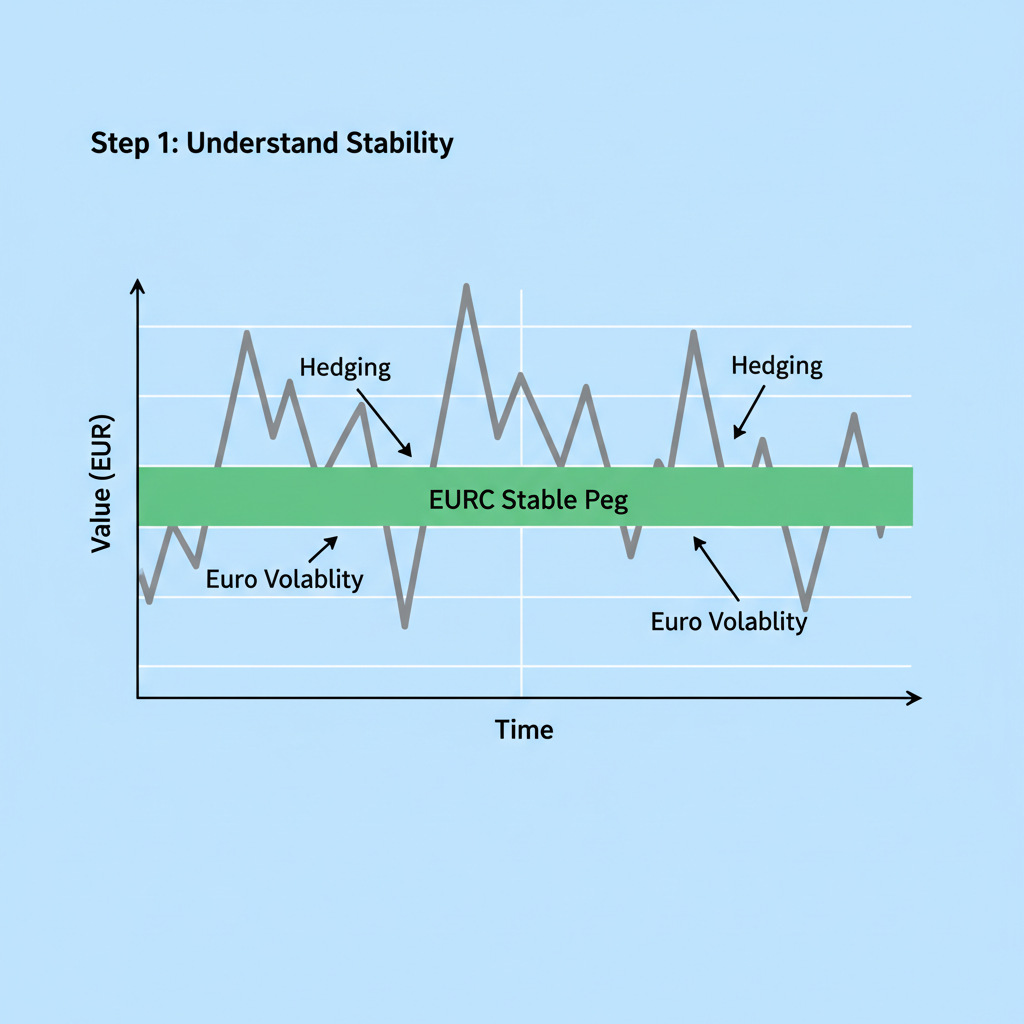 chart showing EURC stable peg hedging euro volatility, green stability line