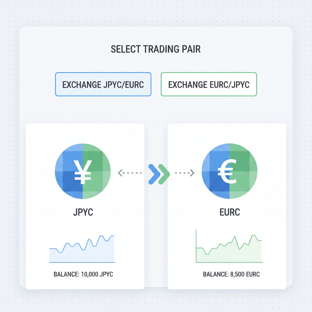 crypto trading pairs selection screen, JPYC and EURC icons exchanging, charts showing balance