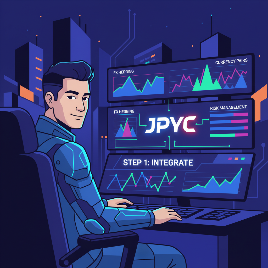 Bold trader integrating JPYC with FX hedging dashboard, charts spiking dynamically, cyberpunk style