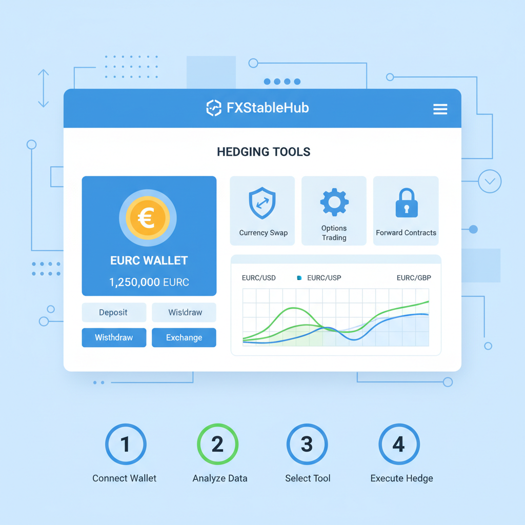 FXStableHub platform dashboard, EURC wallet integration, hedging tools UI, charts with euro stablecoin data