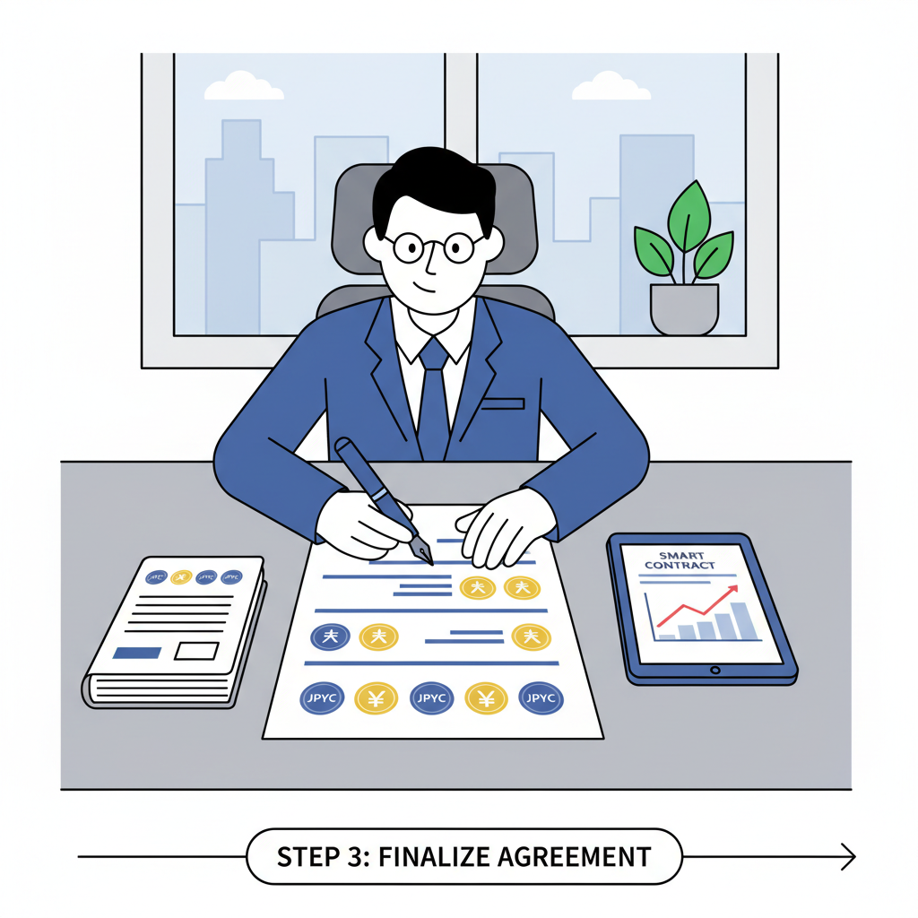 lawyer writing contract with JPYC stablecoin symbols and yen icons