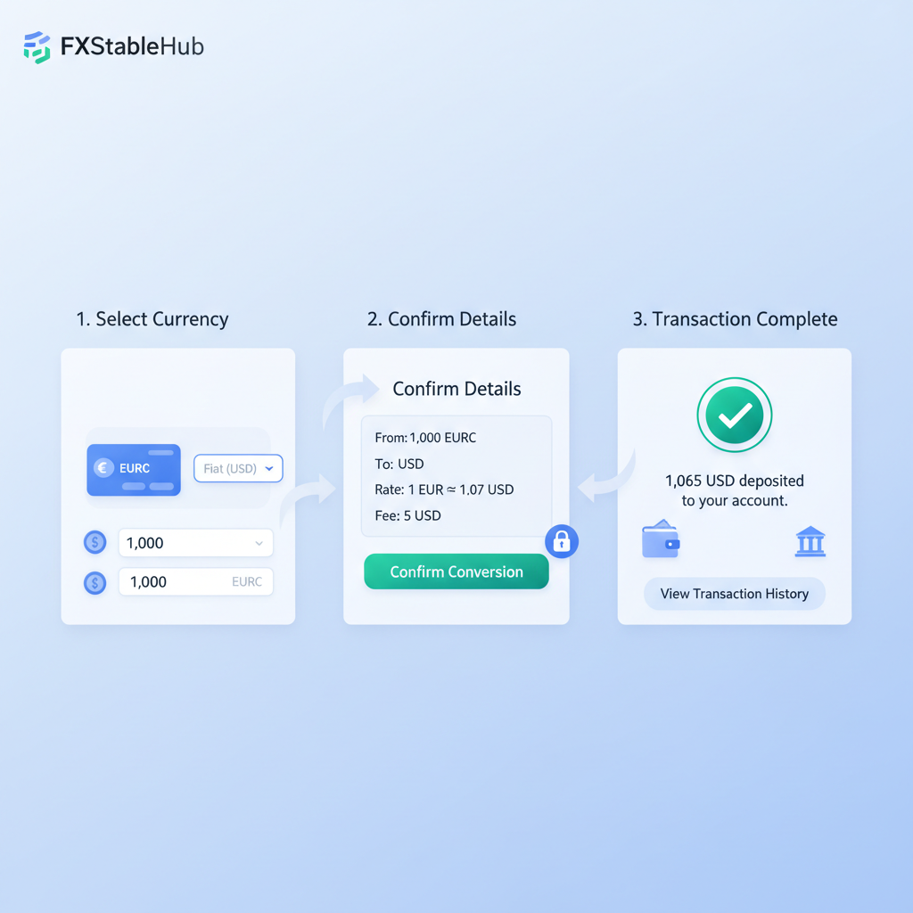 FXStableHub dashboard converting EURC to fiat, smooth transaction flow