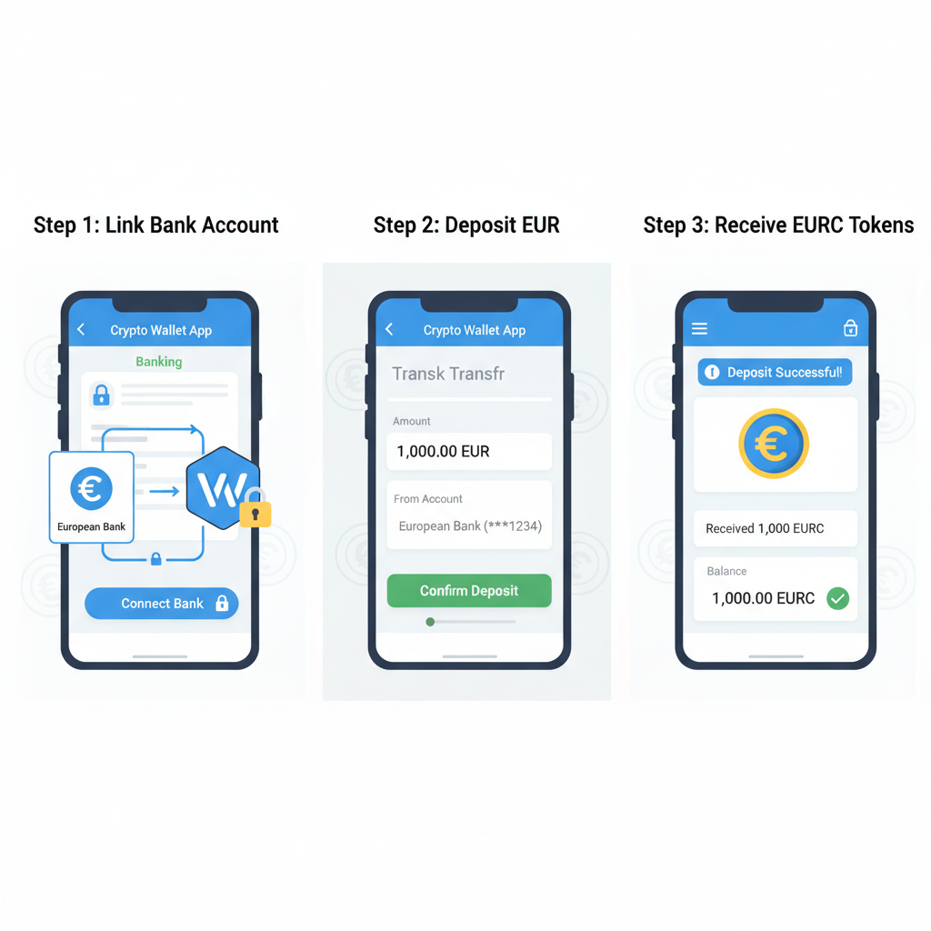 funding crypto wallet with euro deposit, EURC token transfer screen, bank integration UI, precise financial graphics