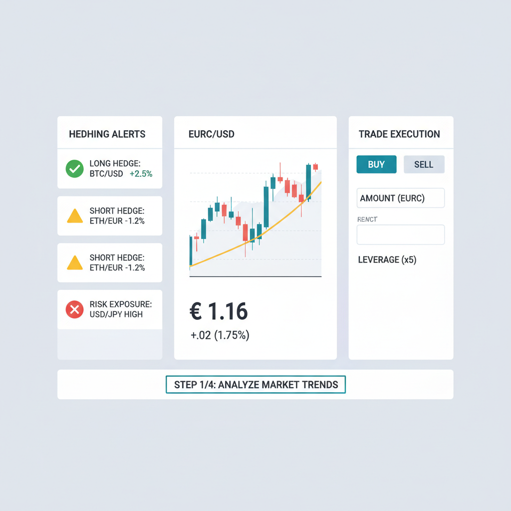 analytics dashboard with EURC price chart $1.16, hedging alerts, professional trader view