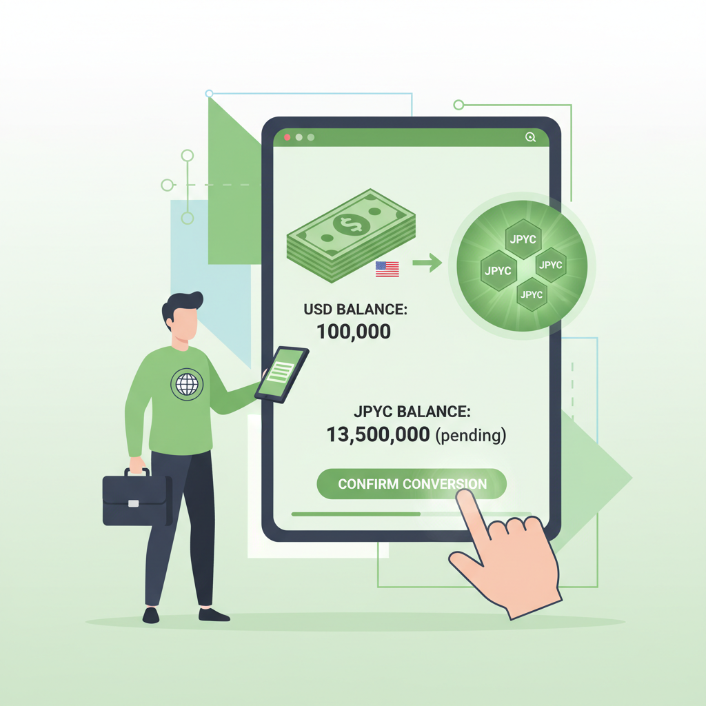 professional illustration of exporter converting USD to glowing JPYC tokens on crypto exchange app, clean modern interface, reassuring green tones