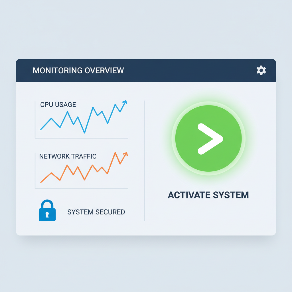 green activation button on monitoring dashboard, live charts ticking, secure lock icon