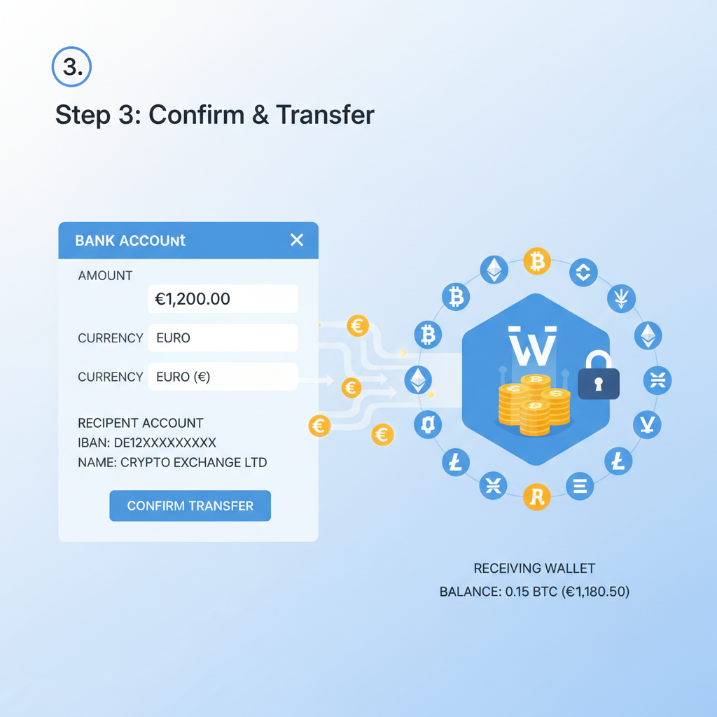 bank transfer to crypto wallet interface, euro symbols flowing into digital wallet, professional UI
