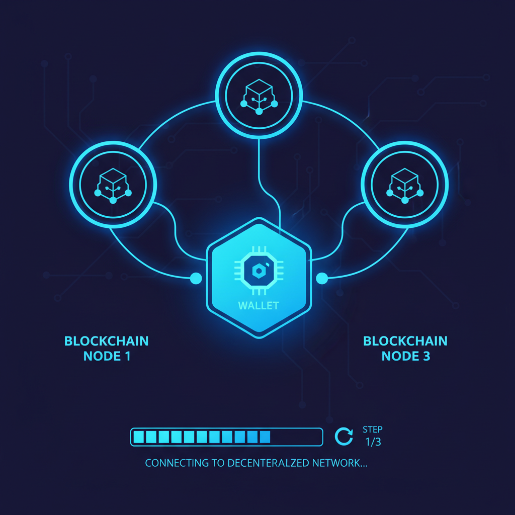 futuristic crypto wallet interface connecting to blockchain nodes, blue neon glow, professional UI