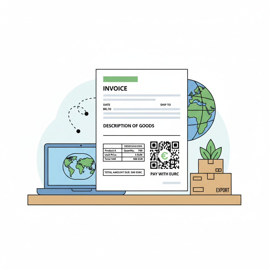 professional invoice with EURC payment QR code, exporter desk scene