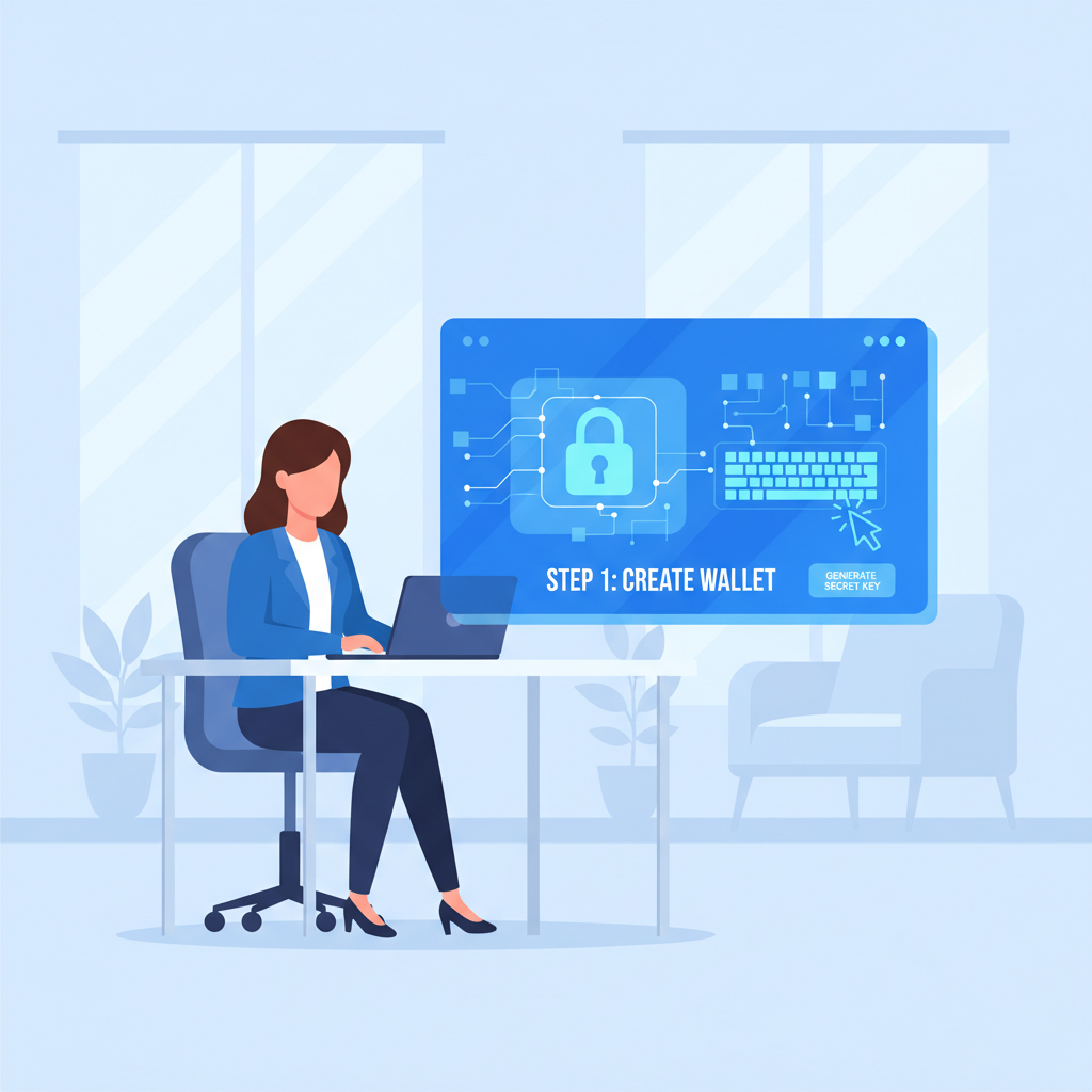 professional setting up crypto wallet on laptop, secure digital interface, modern office, blue tones