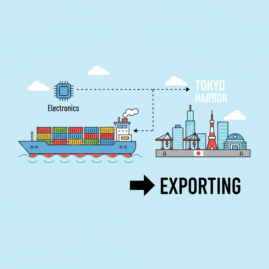 cargo container ship exporting electronics to Tokyo harbor