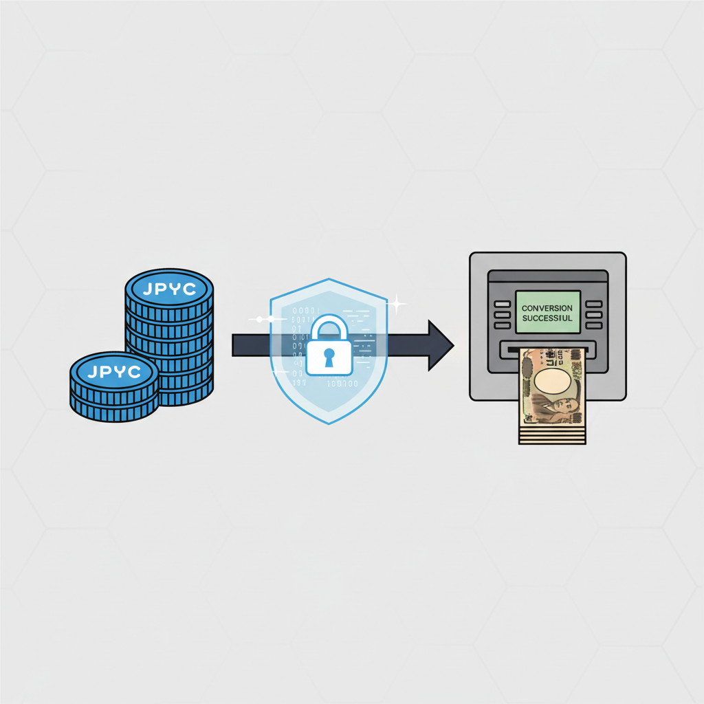 digital JPYC tokens converting to yen banknotes in secure process