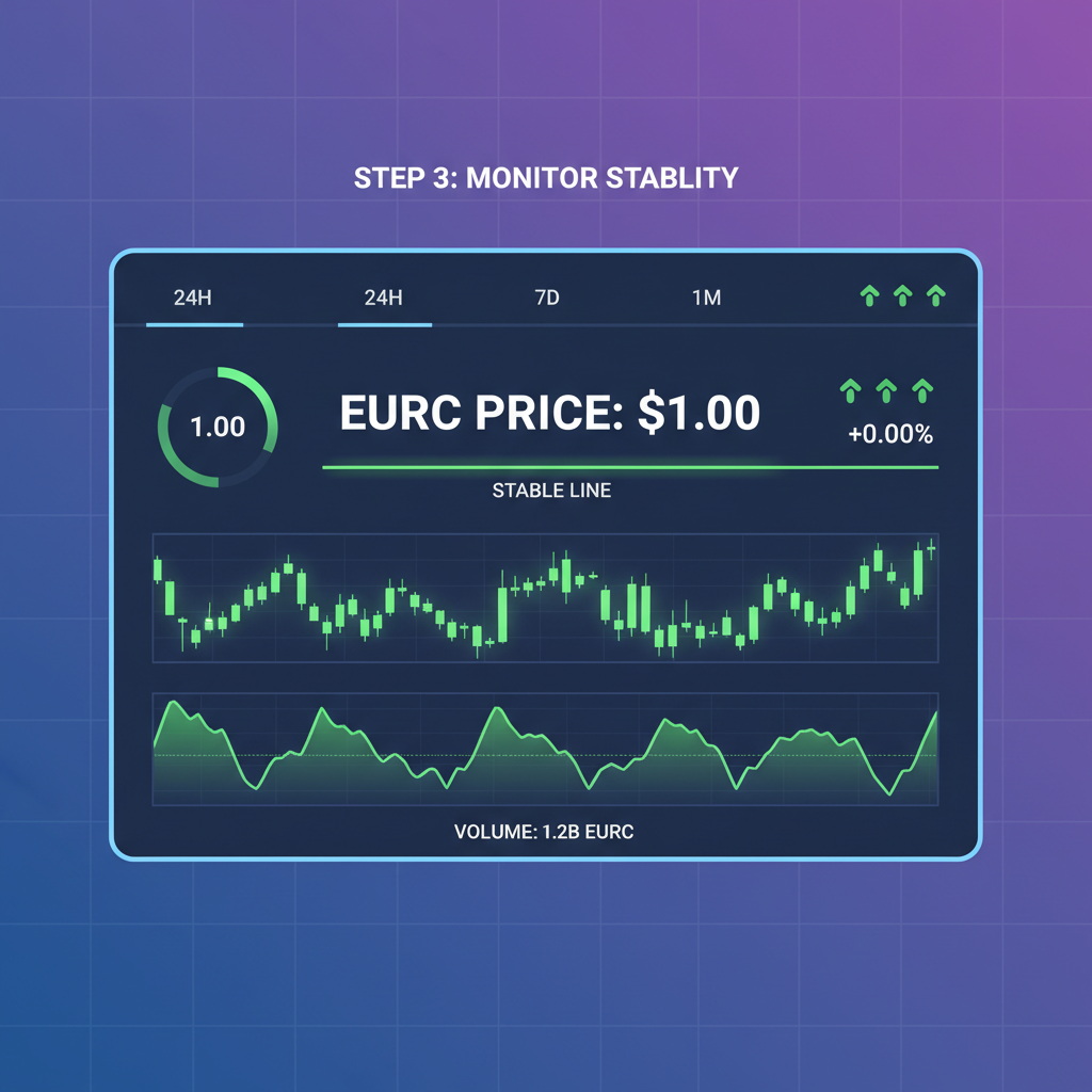 dashboard monitoring EURC price at $1.00 stable line, real-time charts glowing green