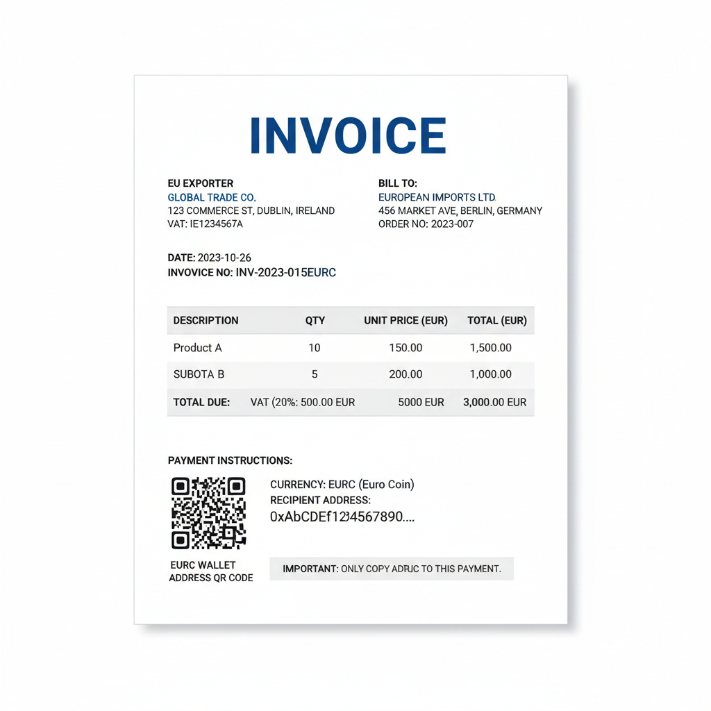 professional invoice template for EURC payment, EU exporter to buyer, wallet address QR code, clean business document