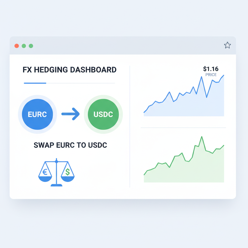 FX hedging dashboard swapping EURC to USDC, charts showing $1.16 price, balanced scales icon