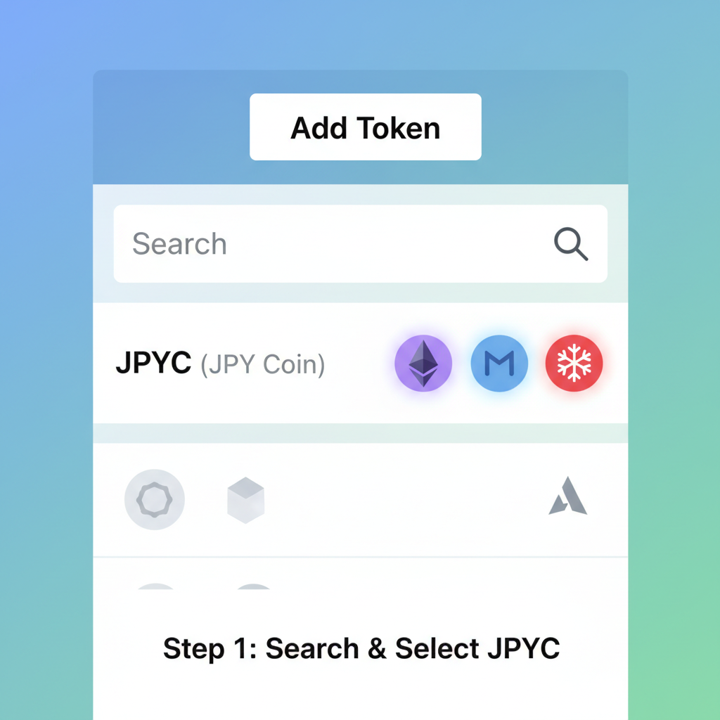 wallet app adding JPYC token, Ethereum Polygon Avalanche network icons glowing