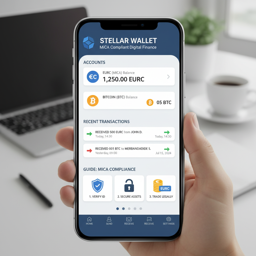 secure crypto wallet app interface on mobile, MiCA compliant EURC support, clean professional UI, pragmatic style