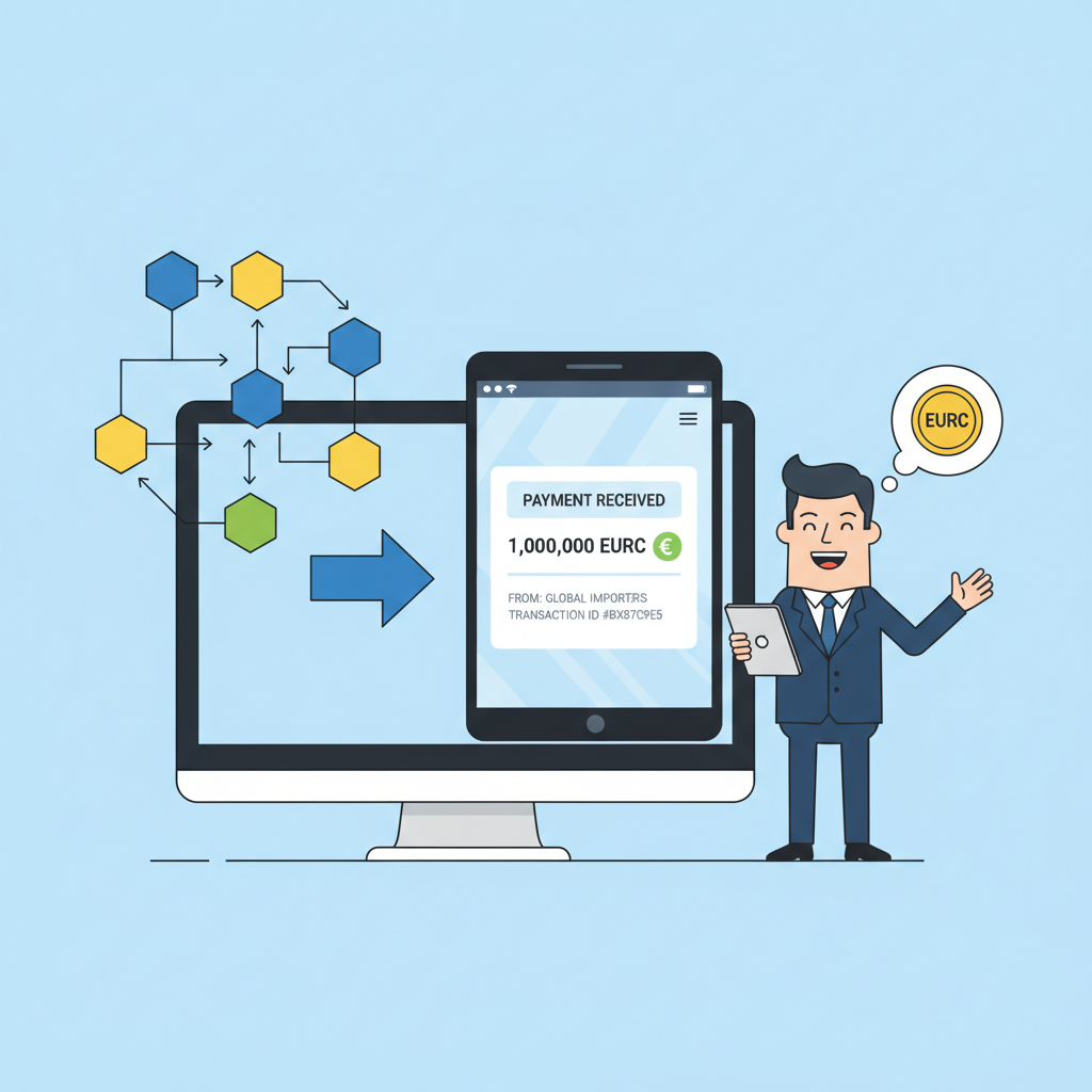 exporter receiving EURC payment on blockchain, professional digital wallet interface, euro symbols