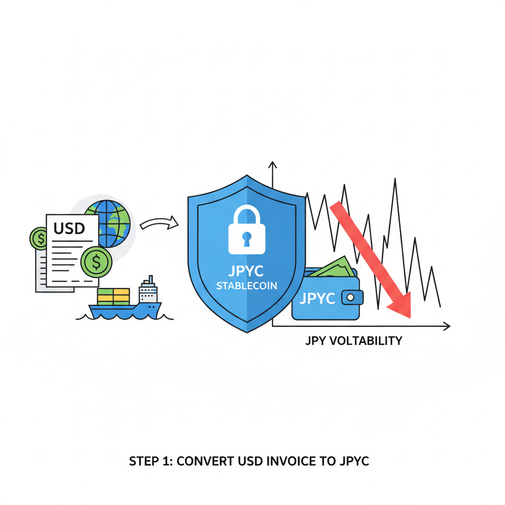 exporter converting USD invoice to JPYC stablecoins, shield icon protecting from yen volatility chart