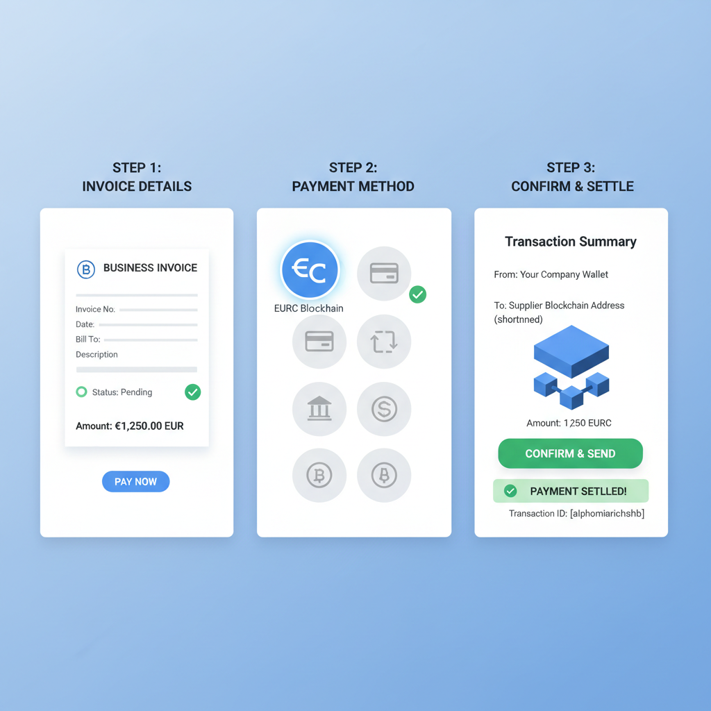business invoice settled via EURC blockchain payment, digital transfer screen