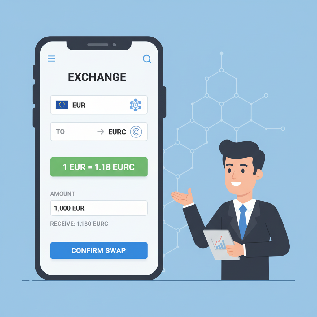 crypto wallet app screen converting EUR to EURC stablecoin at $1.18, clean UI, blockchain graphics, professional trader