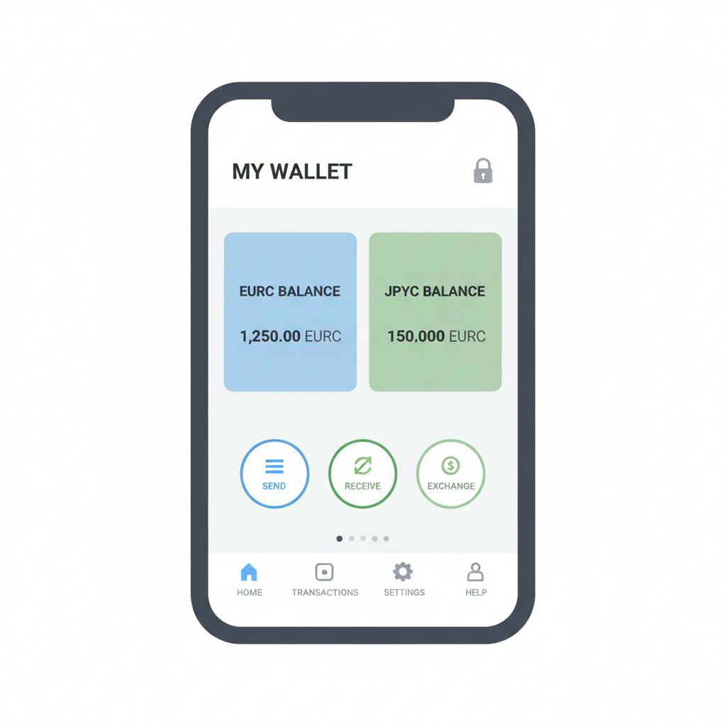 sleek multi-currency crypto wallet interface on phone, EURC JPYC balances, secure lock icon
