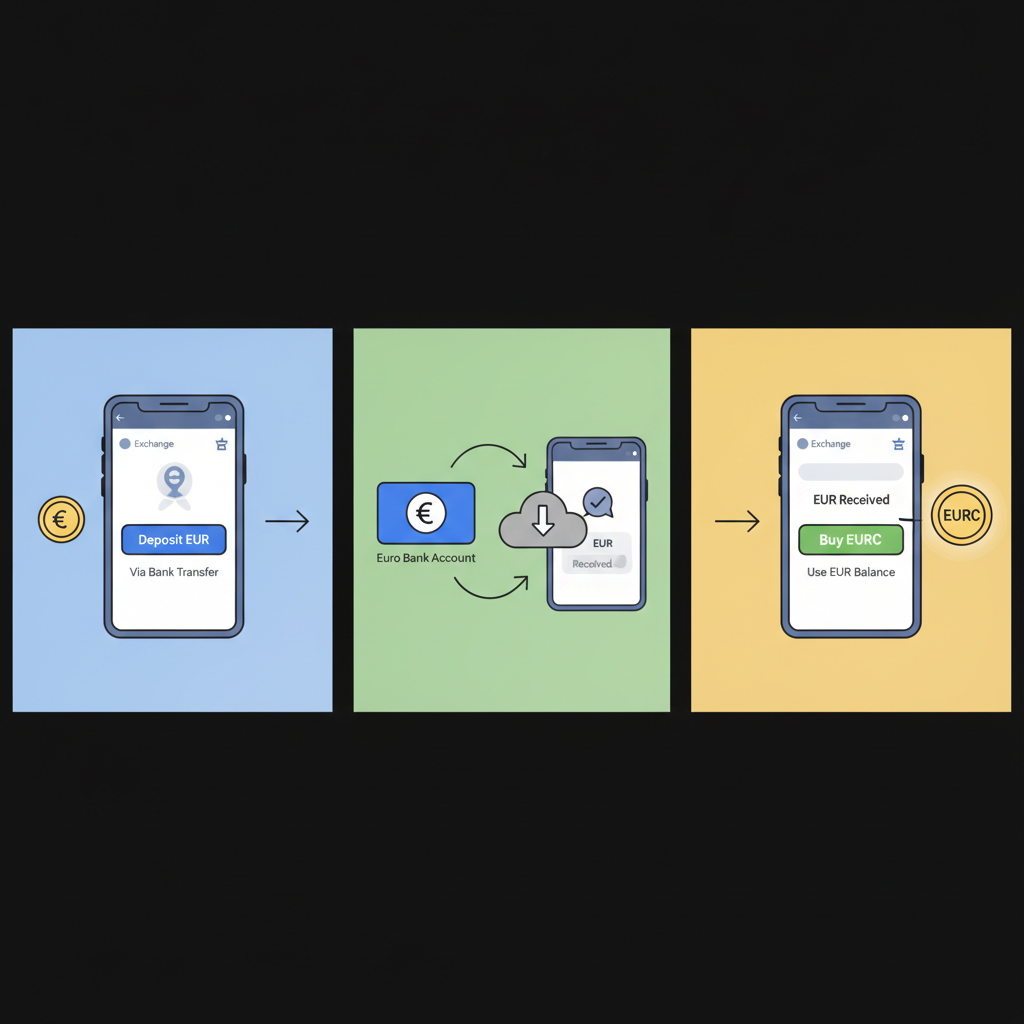 buying EURC stablecoin on exchange app, euro bank transfer graphic