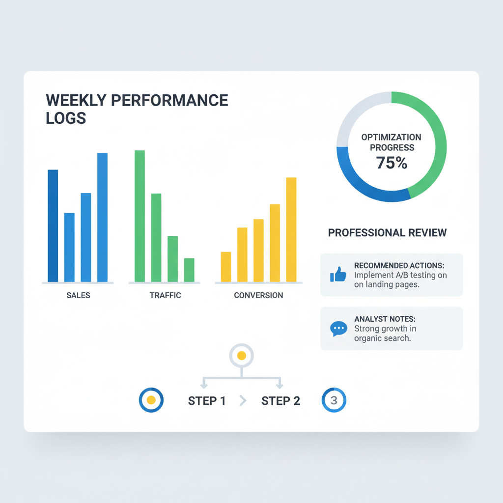 analytics dashboard with weekly logs, bar charts and optimization graphs, professional review interface