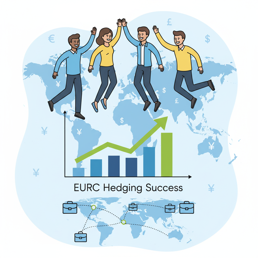 exporter team high-fiving over successful EURC hedging graph, global map background