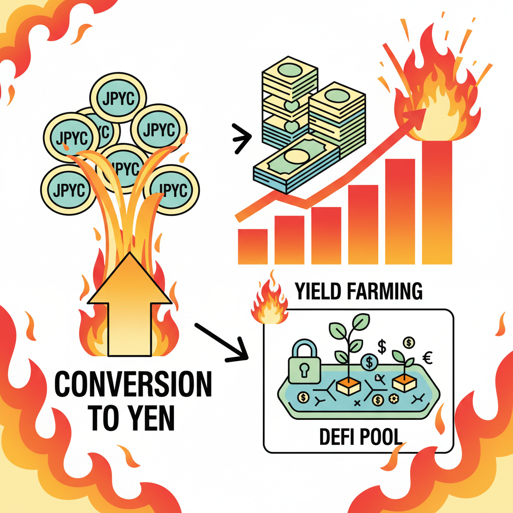 JPYC tokens converting to yen stacks or yield farming in DeFi pools, explosive growth charts, fiery effects
