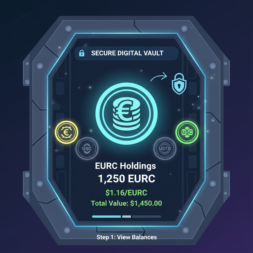 digital wallet dashboard displaying EURC holdings at $1.16, secure vault aesthetic, glowing stablecoin icons