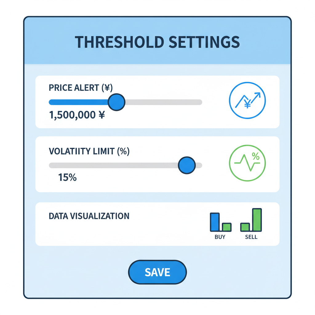 settings dashboard with sliders for threshold inputs, yen symbol and percentage graphs, clean financial app design